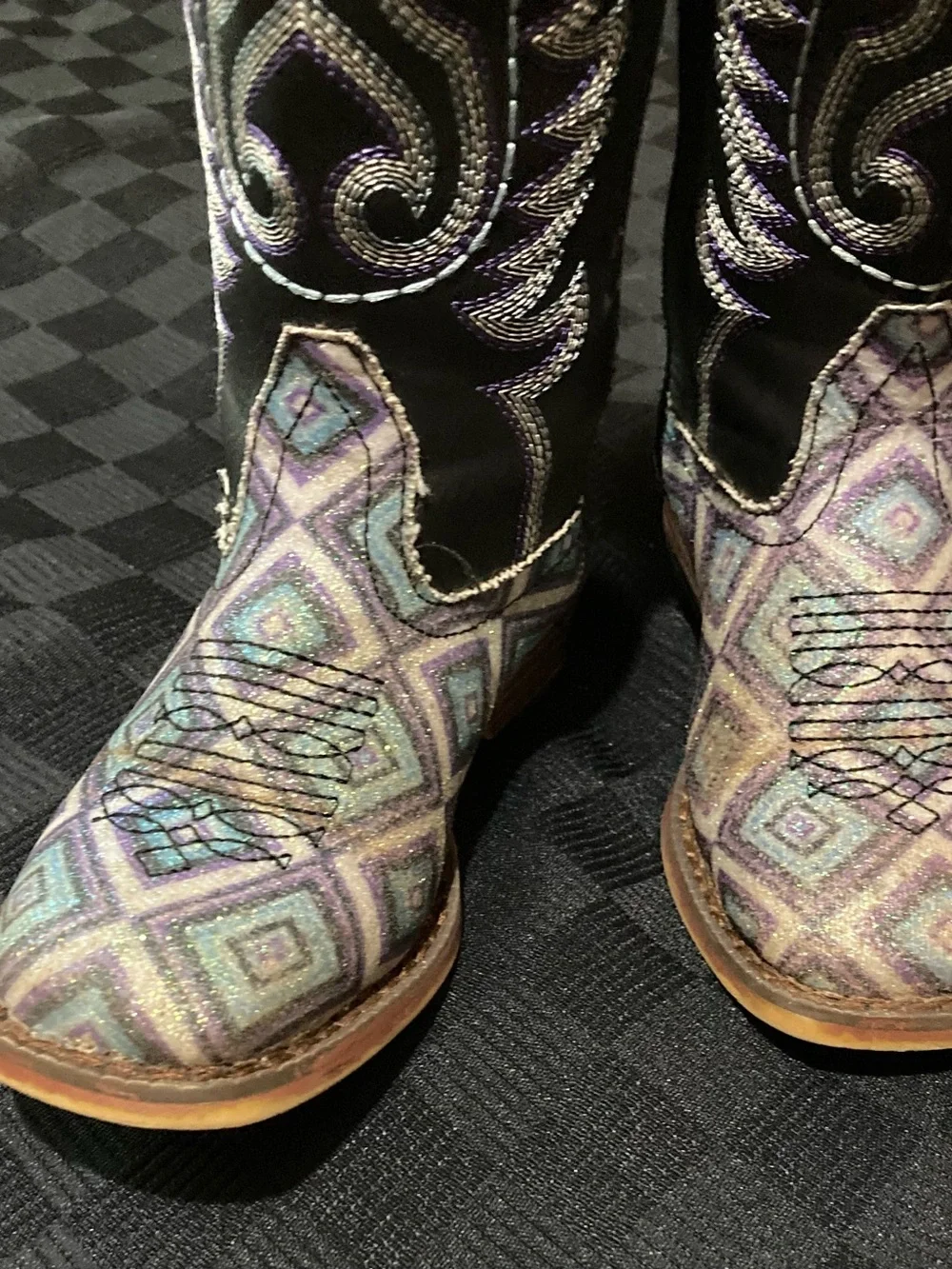 Roper Black Shaft Cowgirl Boots with Purple and Teal Geometric Toe